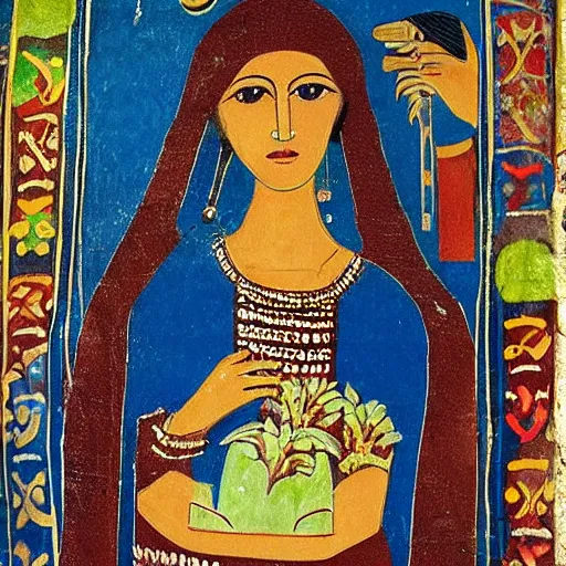 Image similar to sumerian mural of mona liza