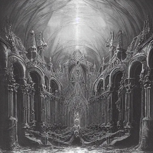 Image similar to an underwater gothic cathedral at the bottom of the ocean surrounded by mermaids, by gustave dore, francisco goya, william blake, dark and scary abyssal ambient, utradetailed, matte painting, smooth zenithal lighting, epic masterpiece,