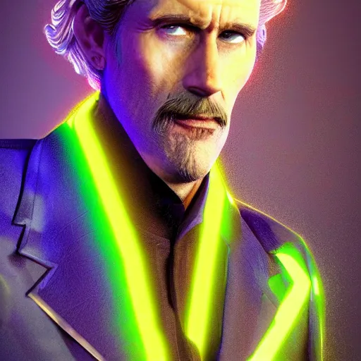 Image similar to john glover as lionel luthor, cartoon portrait made out of rain, realistic, highly detailed, neon, rendered in octane, unreal engine, beautiful, trending on artstation, emotional