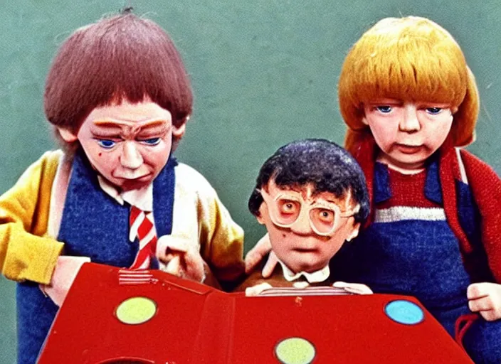 Image similar to a still from a 1 9 7 0 s british children ’ s tv programme by the bbc and oliver postgate, stop motion animation, vhs distortion