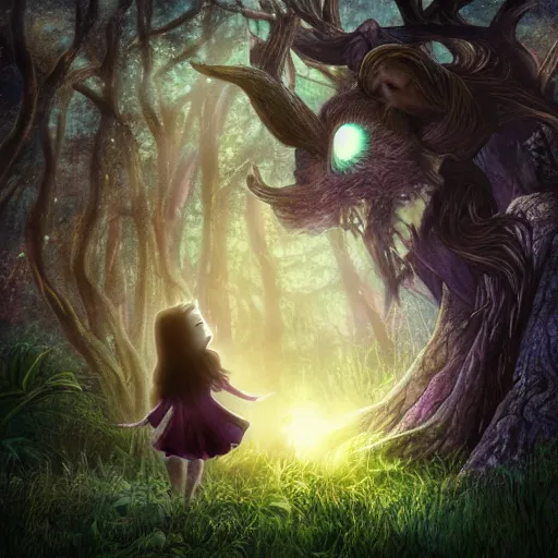 Prompt: a dark fantasy drawing of a wild child finding an old tree person in enchanted dark forest, cinematic, volumetric light