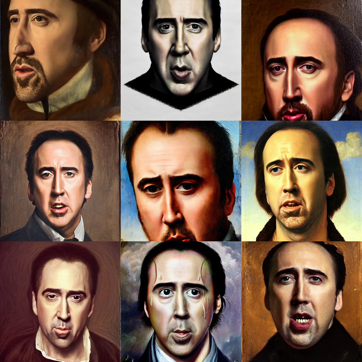 Prompt: a renaissance oil portrait of the extremely handsome nicholas cage with the craziest facial expression possible screaming at clouds, highly detailed, 4 k, trending on artstation