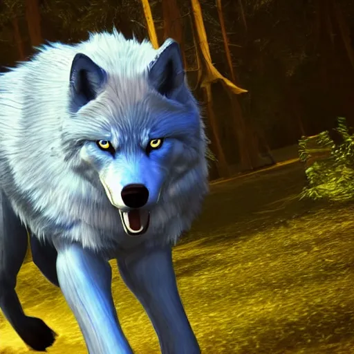 Image similar to a giant blue wolf with a white main and two unicorn horns, a white star shape on its forehead, yellow eyes, beautiful, ultra realistic, great wolf, unreal engine 5, dynamic lighting, highly detailed, lightning around
