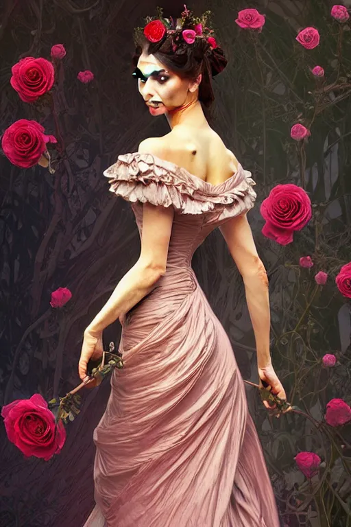 Image similar to Nina Dobrev dressed in a victorian roses dress fashion, D&D, fantasy, intricate, elegant, highly detailed, digital painting, artstation, concept art, matte, sharp focus, illustration, art by Artgerm and Greg Rutkowski and meredit frampton and Alphonse Mucha