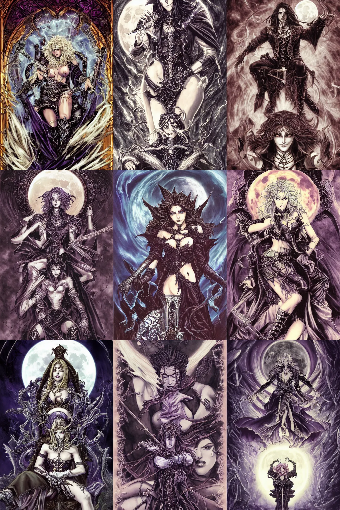 Prompt: Castlevania Witch, magic the gathering sorceress, sitting on a throne, Jojo's Bizarre Adventure Cover Art, full moon, gothic, symphony of the night, manga, highly detailed, beauty, art by Tim Burton, intricate, elegant, J. C. Leyendecker