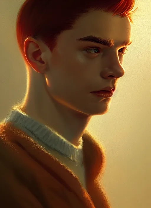 Image similar to portrait of archie andrews, freckles, intricate, elegant, glowing lights, highly detailed, digital painting, artstation, concept art, smooth, sharp focus, illustration, art by wlop, mars ravelo and greg rutkowski