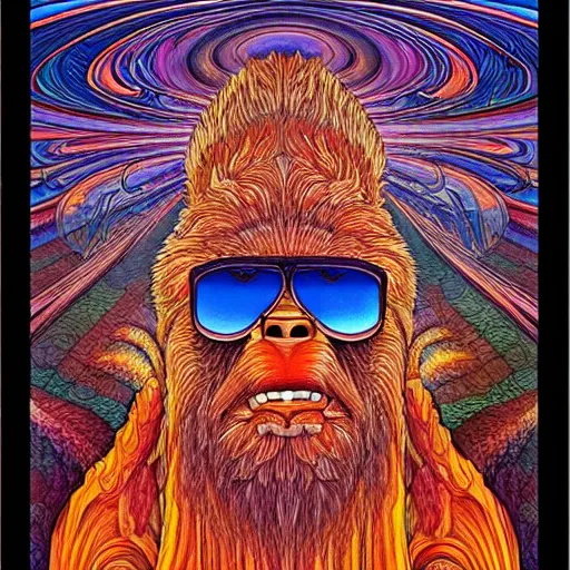 Prompt: ( sasquatch, bigfoot wearing sunglasses ) ( ( ( hyper detailed masterpiece, psychedelic fractal pattern, jean giraud, digital art painting, dream wave aesthetic, ethereal, artgerm, donato giancola, tom bagshaw ) ) ) ( ( ( ( stained glass, ink painting ) ) ) )