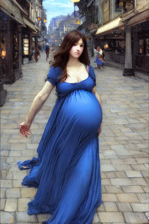 Image similar to pregnant woman in a small blue dress on night street, highly detailed, sharp focused, ultra realistic digital concept art by John William Waterhouse