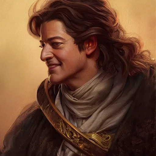 Image similar to smirking male bard, brendan fraser, portrait, D&D, fantasy, highly detailed, digital painting, artstation, concept art, sharp focus, illustration, art by artgerm and greg rutkowski and alphonse mucha