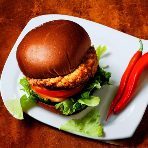 Image similar to a spicy crispy chicken burger, food photography, detailed, yum