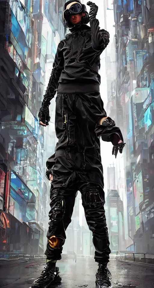 Image similar to cyberpunk techwear streetwear look and clothes, we can see them from feet to head, highly detailed and intricate, golden ratio, beautiful bright colors, hypermaximalist, futuristic, cyberpunk setting, luxury, elite, cinematic, techwear fashion, Errolson Hugh, Sacai, Nike ACG, Yohji Yamamoto, Y3, ACRNYM,