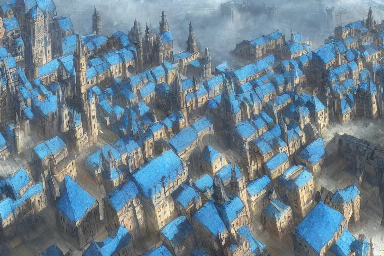 Image similar to A giant medieval city with big walls and big defensive structures, the houses have blue roofs and a big rivers flows through the heart of the city, gigantic scale, dynamic lighting, cinematic, concept art, trending on artstation