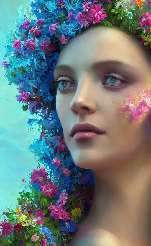 Image similar to a beautiful oil painting hyperrealism of a beautiful woman, close up face, flowers, floral headdress, 8 k resolution, octane render, trending on artstation, by gediminas pranckevicius, volumetric light 2 blue fractal thunder glow by dan mumford, anaglyph effect, laurie lipton