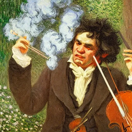 Prompt: beethoven smoking weed, conducting symphony by monet and peter bruegel