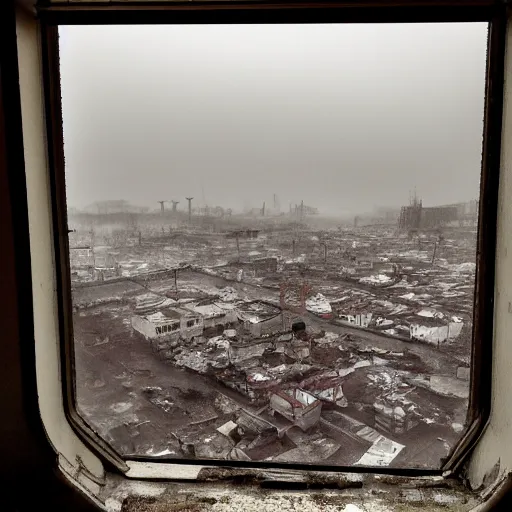 Prompt: view out of a window, fallout city and radioactive rain, with a oppressive mood and fog in uneasy colors