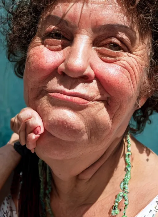 Image similar to Mid-shot portrait of an exquisite 50-year-old woman from Spain, chubby, with lovely look, happy, candid street portrait in the style of Martin Schoeller award winning, Sony a7R