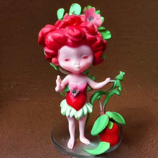 Prompt: a femo figurine of a cute funny strawberry fairy with a frilly floral dress