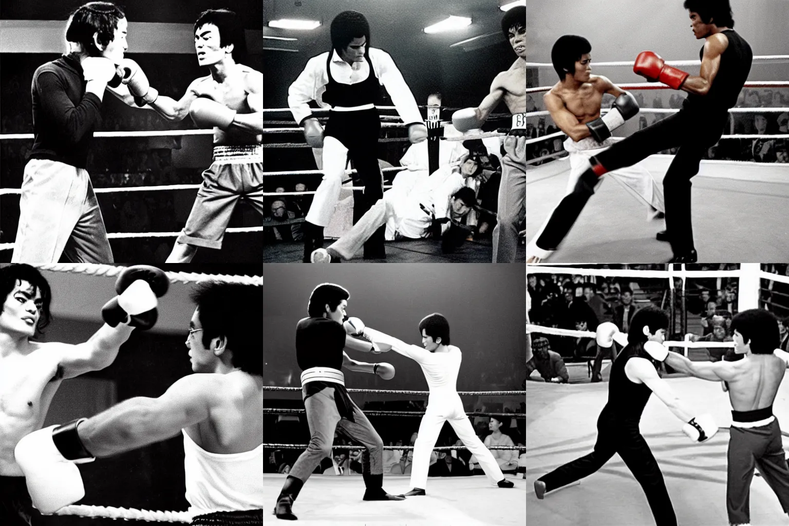 Prompt: Michael Jackson fighting Bruce Lee in a boxing match, television broadcast