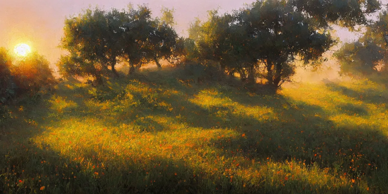 Prompt: a beautiful, stunning oil painting of a landscape in spring during sunrise by craig mullins