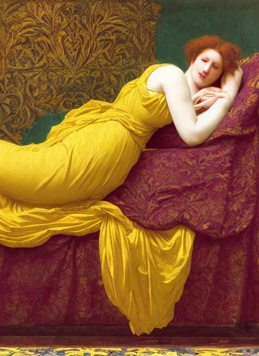 Image similar to masterpiece portrait of lady reclining on bed wearing yellow ochre ornate medieval dress, vertical, foreshortening, colour photography by frederic leighton, william morris, 8 k