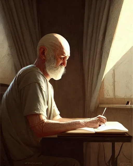 Image similar to old male scribe writing a book | | realistic shaded, fine details, realistic shaded lighting poster by greg rutkowski, diego gisbert llorens, magali villeneuve, artgerm, jeremy lipkin and rob rey