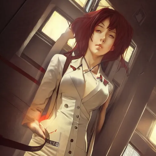 Image similar to a hyperrealistic render of Makise Kurisu from Steins;Gate, by Artgerm,Greg Rutkowski,Alphonse Mucha, Beautiful dynamic lighting,shadows,cinematic atmosphere,Artstation,concept design art,Octane render,8K