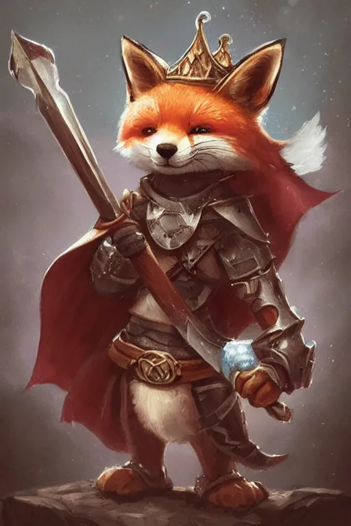 Image similar to cute little anthropomorphic foxy knight wearing a cape and a crown, tiny, small, miniature fox, baby animal, short, pale blue armor, cute and adorable, pretty, beautiful, DnD character art portrait, matte fantasy painting, DeviantArt Artstation, by Jason Felix by Steve Argyle by Tyler Jacobson by Peter Mohrbacher, cinematic lighting