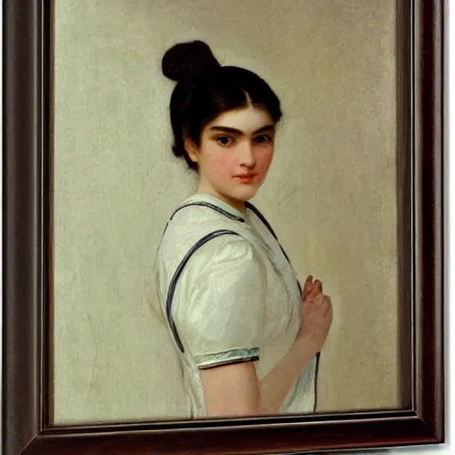 Image similar to maid uniform, symmetric beautiful face, orientalism portrait of a cute young woman with twin tails by Edwin Longsden Long and Theodore Ralli and Nasreddine Dinet and Adam Styk masterful intricate artwork