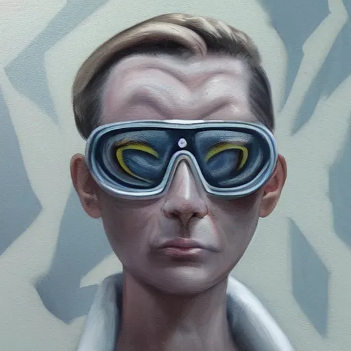 Prompt: painting of square - jawed emotionless serious blonde woman starship engineer, tribal tattoos, handsome, short slicked - back hair, sweating, uncomfortable and anxious, looking distracted and awkward, wearing victorian dark goggles, white tank top, cargo pants, and gloves, small spacecraft in background, highly detailed, mike mignogna, trending on artstation