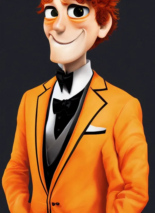 Image similar to illustration of a short curly orange hair man with tuxedo as a portrait, smooth, reflects, masterpiece artwork, ultra detailed, artgerm, style by pixar, digital art, trending on artstation, behance, deviantart