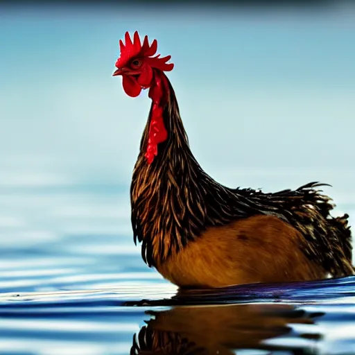 Prompt: close up photo of a chicken, drinking water from a lake in tasmania, bokeh, 4 0 0 mm lens, 4 k award winning nature photography