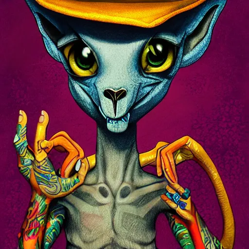 Image similar to a dik dik monster with tattoos, wearing a fedora, tattoos, colorful, digital art, fantasy, magic, trending on artstation, ultra detailed, professional illustration by basil gogos