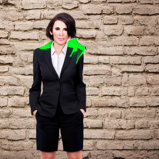 Prompt: brunette woman, black business suit, bright green eyes, short messy hair with flipped out ends