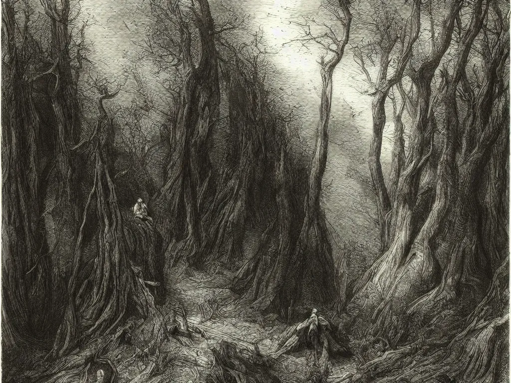 Prompt: “An engraving of Dante in the Gloomy Wood by Gustave Dore”