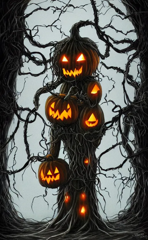 Image similar to fantasy monster concept art, a jack o lantern monster with vines for a body walking down a street of nightmares, dynamic lighting, photorealistic, trending on art station, stunning visuals, creative, cinematic, ultra detailed, atmospherical, ambient lighting, scary art, eery art