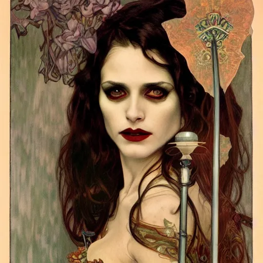 Image similar to portrait of a lady vampire, 35mm, 1920', depth of field, ominous, sharp, highly detailed, photorealistic, realistic, high definition, 8k, deviantart, donato giancola, irwin penn, Alphonse Mucha