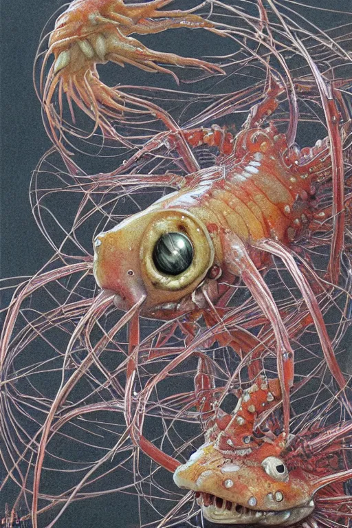 Prompt: skrimp, shrimpman biomechanical axolotl tentacle fish, masterpiece, intricate, elegant, highly detailed, digital painting, smooth, sharp focus, illustration, art by james gurney, graeme base, brian froud, alan lee