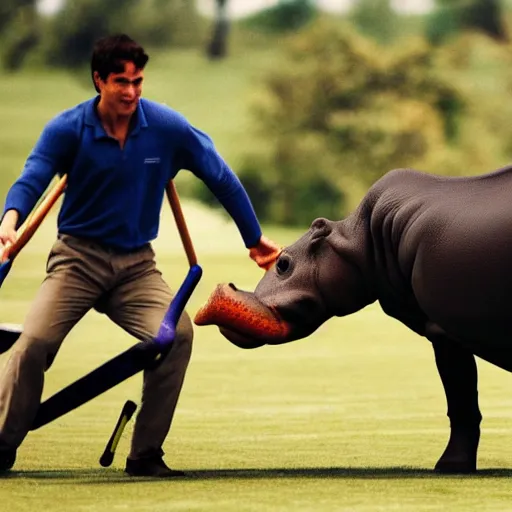 Prompt: polo played with humans and hippopotamuses. sports photograph.