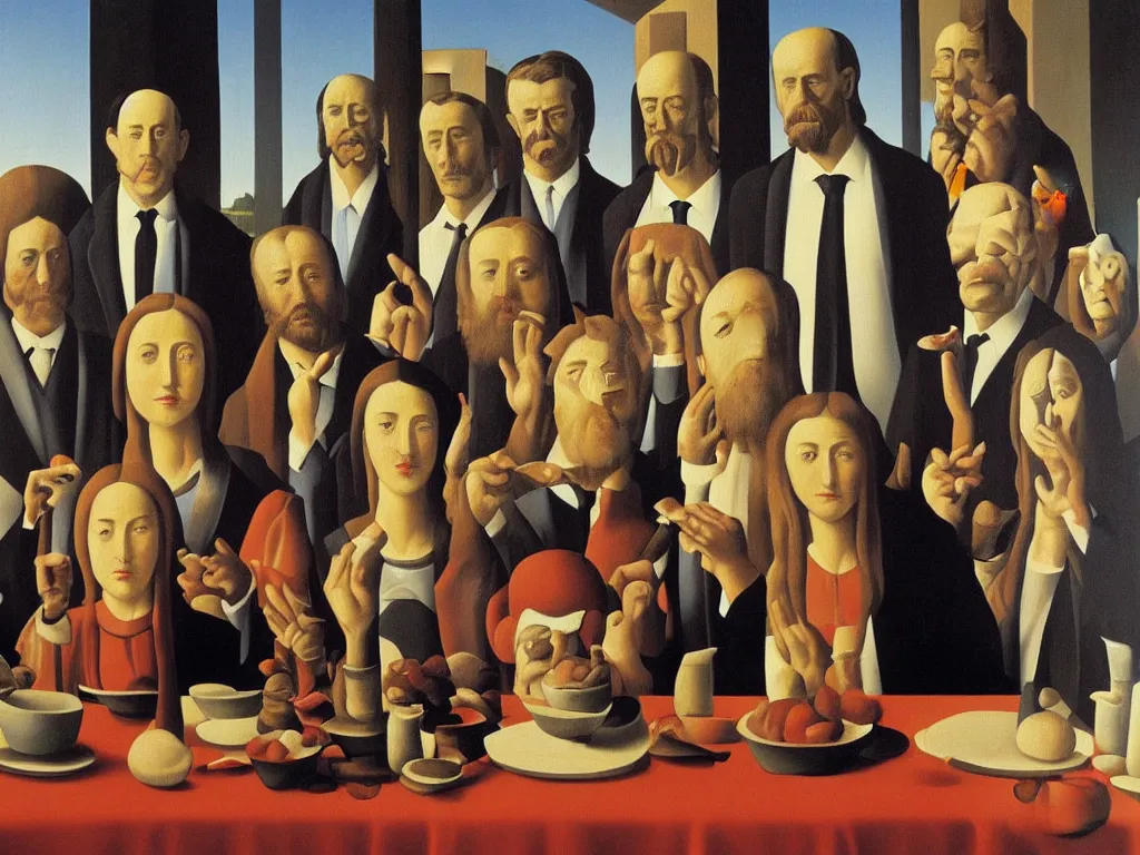 Prompt: crowded last supper painting magritte, renaissance, american gothic