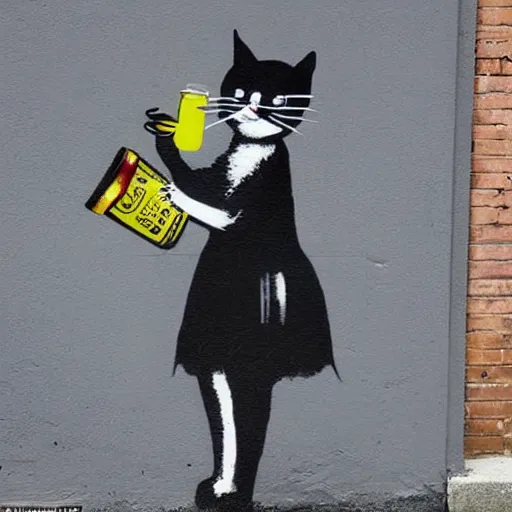 Image similar to Street art of an alcoholic cat who drink wine, by banksy