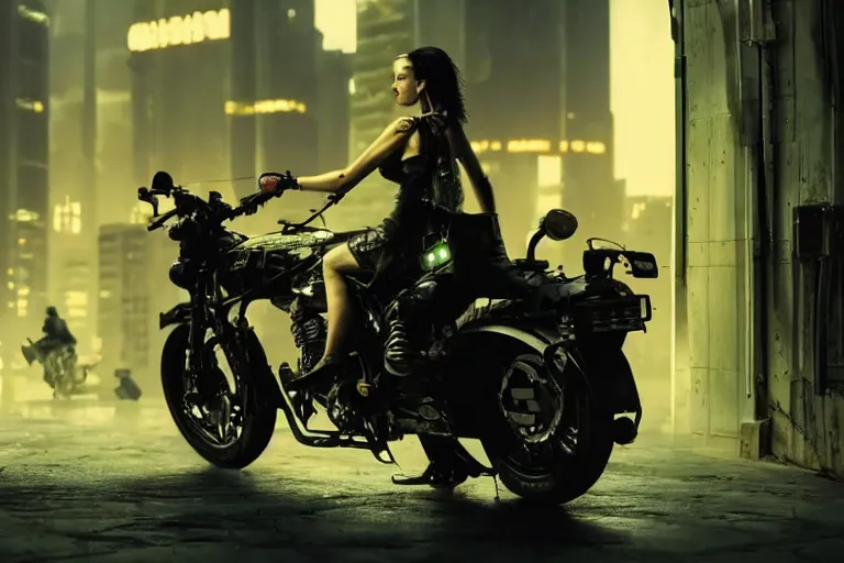 Prompt: cinematography of beautiful cyberpunk woman on motorcycle by Emmanuel Lubezki