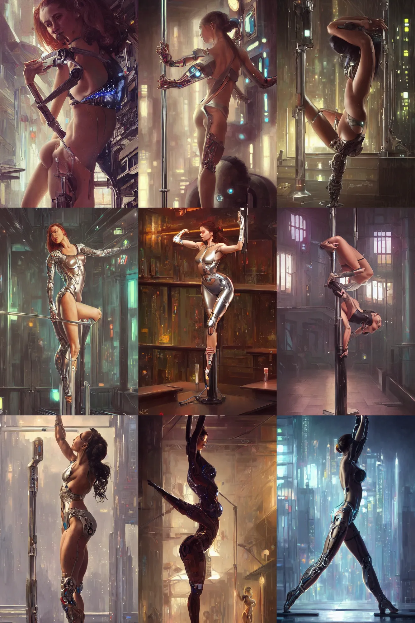 Prompt: Ultra realistic, cyborg pole dance woman in a bar, cyberpunk, sci-fi, fantasy, intricate, elegant, highly detailed, digital painting, artstation, concept art, smooth, sharp focus, illustration, art by artgerm and greg rutkowski and alphonse mucha