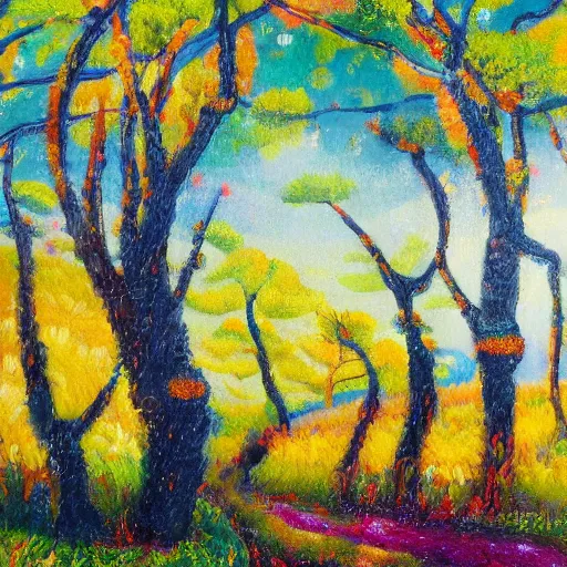 Prompt: landscape with colorful furry trees detailed magical realism painting