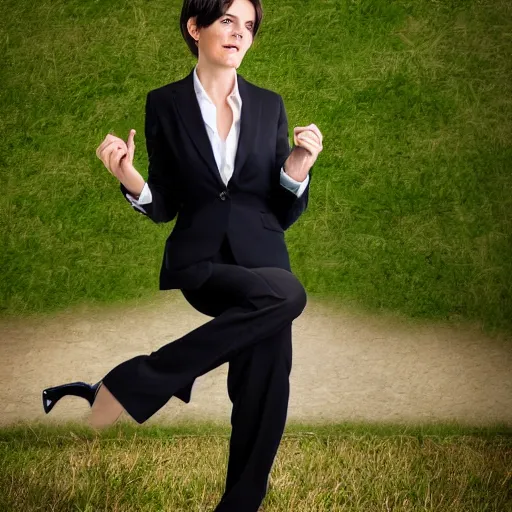 Image similar to brunette woman, black business suit, green eyes, short hair with flipped out hairstyle