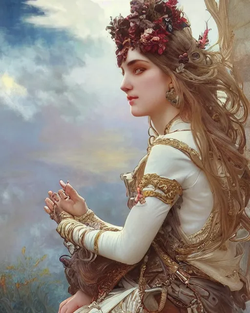 Image similar to a beautiful close up portrait of a female white knight sitting with elegant looks, flowing cape, ornate and flowing, intricate and soft by ruan jia, tom bagshaw, alphonse mucha, krenz cushart, beautiful roman architectural ruins in the background, epic sky, vray render, artstation, deviantart, pinterest, 5 0 0 px models