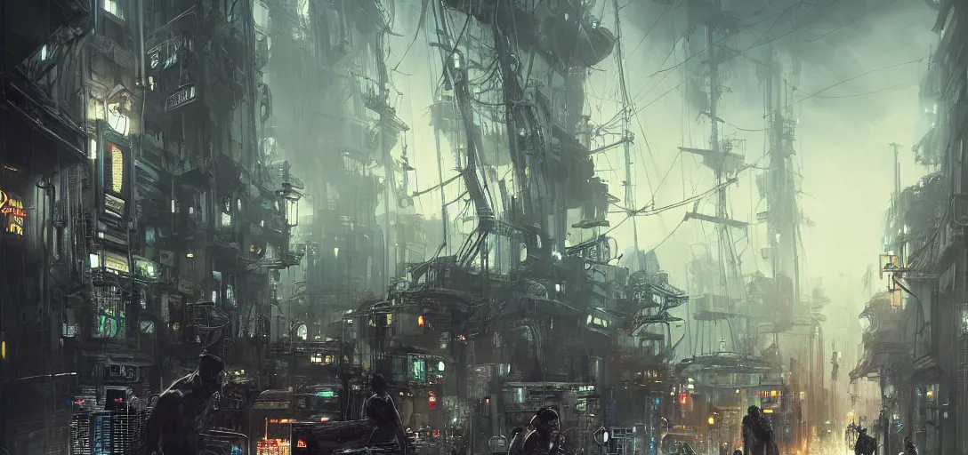 Image similar to science fiction cybertech city street scene, blade runner style, dramatic lighting, cinematic, establishing shot, extremly high detail, foto realistic, pirates of the carribean, cinematic lighting, post processed, concept art, artstation, matte painting, style by eddie mendoza, raphael lacoste, alex ross