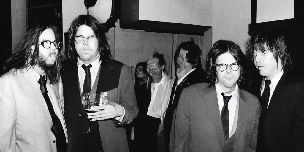 Image similar to “ david foster wallace and thomas pynchon at a dinner party hosted by haruki murakami, all are dressed in suits ”