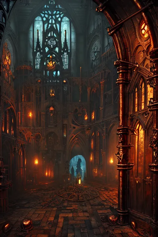 Prompt: steam necropolis, memento mori, gothic, neo - gothic, art nouveau, hyperdetailed copper patina medieval icon, stefan morrell, philippe druillet, ralph mcquarrie, concept art, steampunk, unreal engine, detailed intricate environment, octane render, moody atmospheric, volumetric lighting