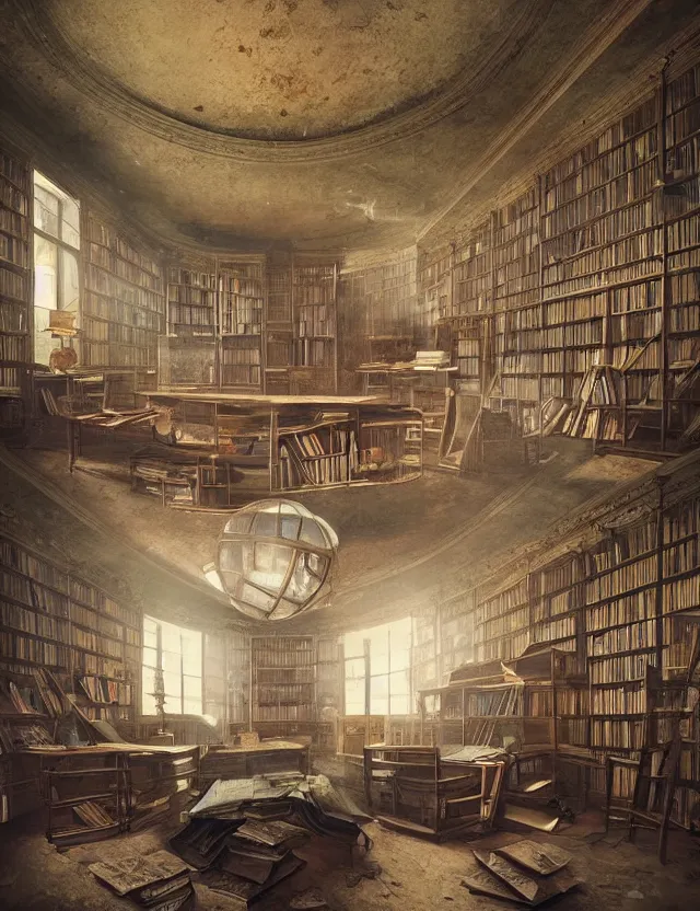 Prompt: “Disintegrated and abandoned library room in 18th century mansion. Large globe ball on the floor. Cinematic lighting, dark, highly detailed. Artstation. In style of Su Jeong Ahn”