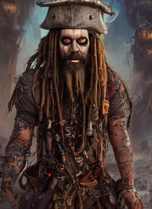 Image similar to detailed full body concept art, illustration matte painting, Rob Zombie as a pirate in full intricate colorful clothing, ultra detailed, digital art, octane render, 4K, dystopian, micro details